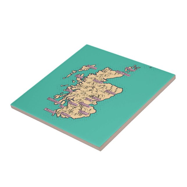 Illustrated Travel map of Scotland (Teal Version) Ceramic Tile (Side)