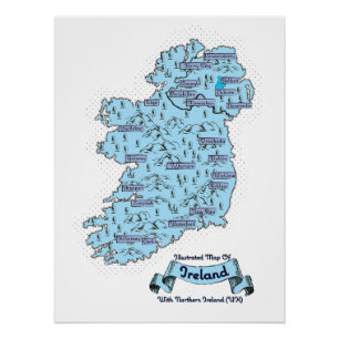 Illustrated Travel map of Scotland (Teal Version) Poster