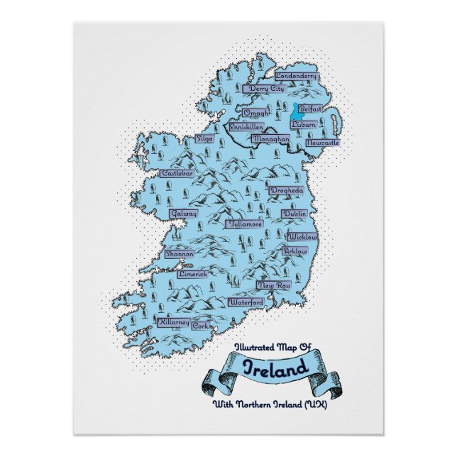 Illustrated Travel map of Scotland (Teal Version) Poster (Front)