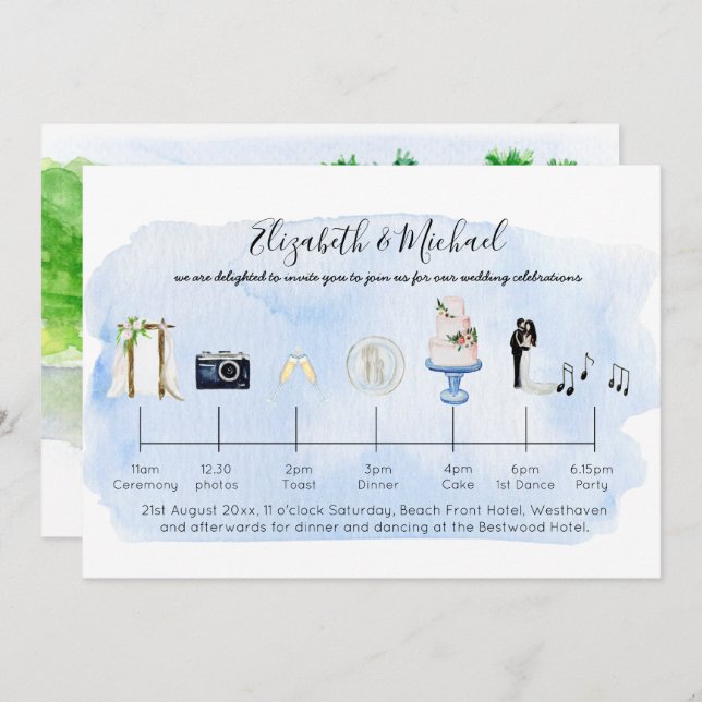 Illustrated Tropical Beach Wedding Timeline Icons Invitation (Front/Back)