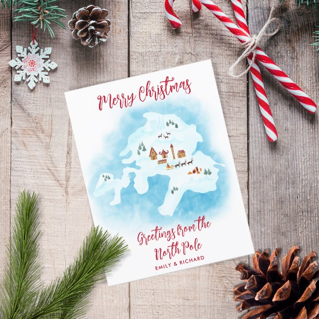 Illustrated Unique North Pole Map Merry Christmas  Holiday Postcard (Creator Uploaded)