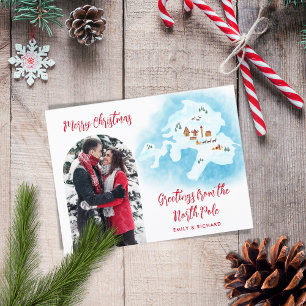 Illustrated Unique North Pole Map Photo Christmas  Holiday Postcard