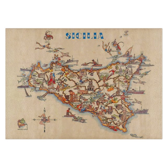 Illustrated Vintage Map of Sicily  Cutting Board (Front)