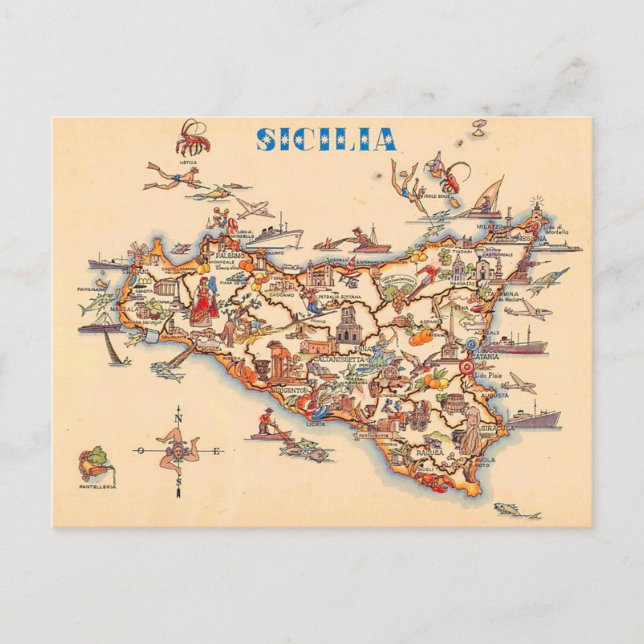 Illustrated Vintage Map of Sicily Postcard (Front)