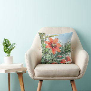 Illustrated Watercolor Botanical Orange Floral Cushion