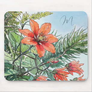 Illustrated Watercolor Botanical Orange Floral Mouse Pad