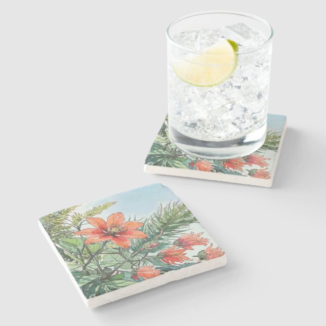 Illustrated Watercolor Botanical Orange Floral Stone Coaster (Side)
