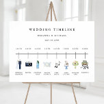 Illustrated Watercolor Wedding Day Timeline Sign<br><div class="desc">Illustrated watercolor icon wedding timeline program. This card features bride & groom,  rings,  camera,  cocktail glass,  plate setting,  music notes,  cake,  bouquet,  and retro car. For more advanced customisation of this design,  please click the "Customise further" link.</div>