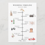 Illustrated Watercolor Wedding Timeline Program<br><div class="desc">Rustic colourful watercolor wedding day elements,  timeline program. Card features church,  camera,  bottle with glass,  plate setting,  music notes,  cake,  bouquet,  and retro race car. Back of card features watercolor garden greenery branches. Text font style and colour can be customised.</div>