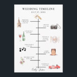 Illustrated Watercolor Wedding Timeline Program<br><div class="desc">Rustic colourful watercolor wedding day elements,  timeline program. Card features church,  camera,  bottle with glass,  plate setting,  music notes,  cake,  bouquet,  and retro race car. Back of card features watercolor garden greenery branches. Text font style and colour can be customised.</div>