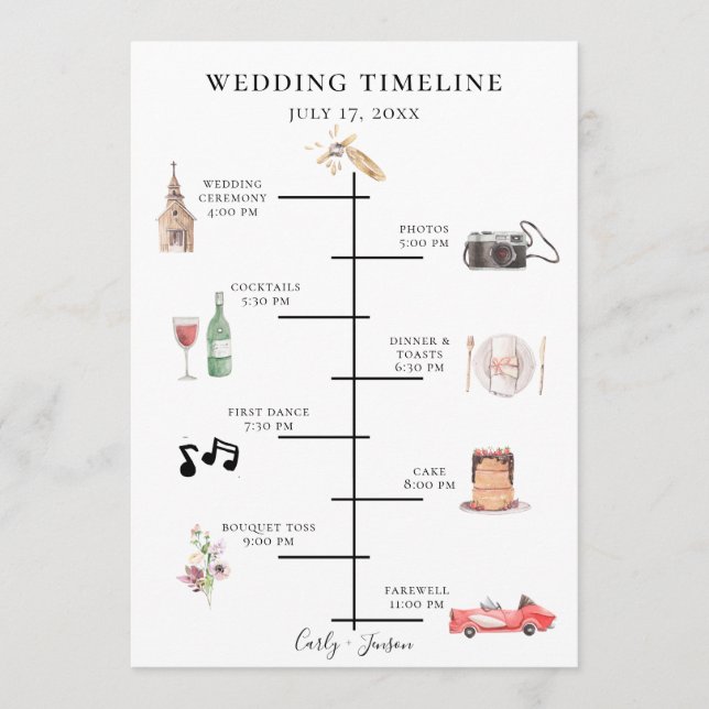 Illustrated Watercolor Wedding Timeline Program (Front)