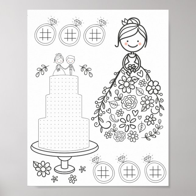 Illustrated wedding activity colouring page poster (Front)