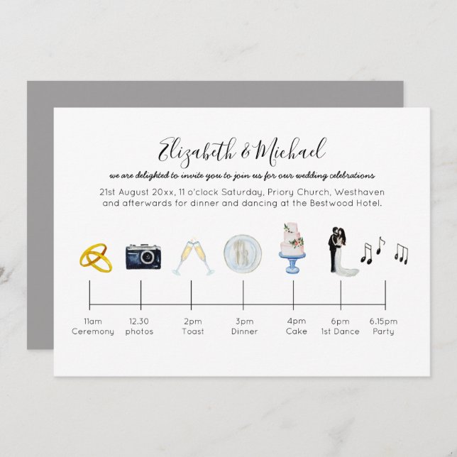 Illustrated Wedding Timeline Invitation Icons Fun (Front/Back)