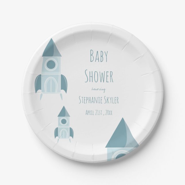 Illustrated White Blue Rocket Ship Baby Shower Paper Plate (Front)