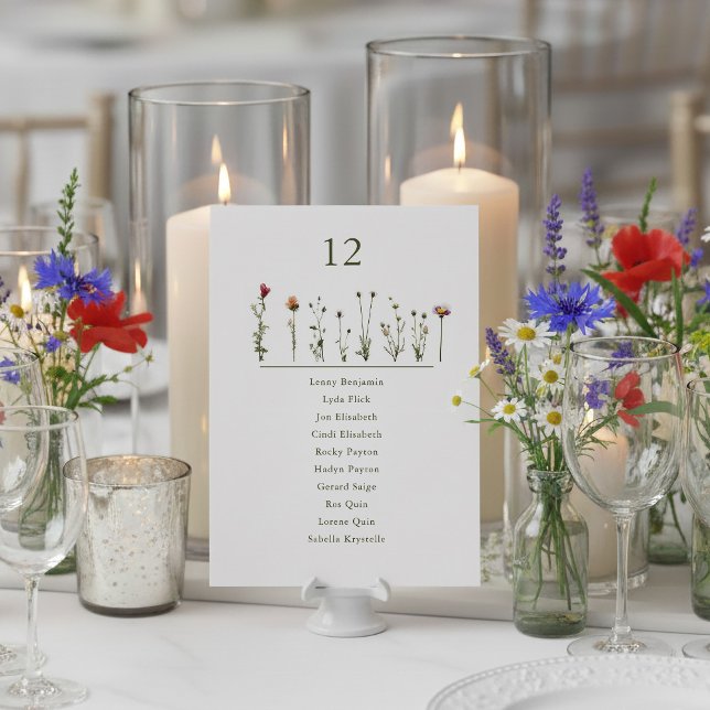 Illustrated Wildflowers numerical Seating Chart Invitation (Wildflowers wedding table number name chart place card.)