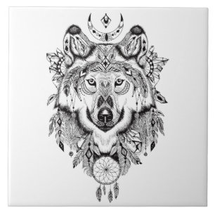 Illustrated Wolf Dream catcher Ceramic Tile