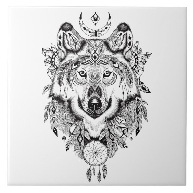 Illustrated Wolf Dream catcher Ceramic Tile (Front)