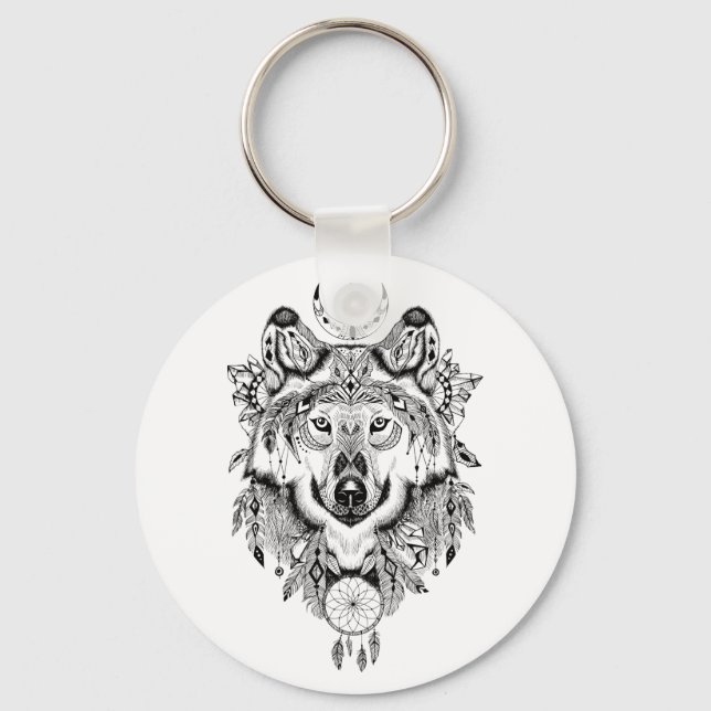 Illustrated Wolf Dream catcher Key Ring (Front)