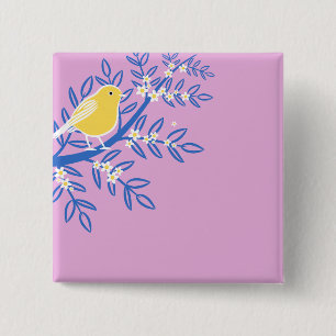 Illustrated Yellow Bird on a Pink Background 15 Cm Square Badge