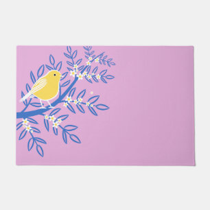 Illustrated Yellow Bird on a Pink Background Doormat