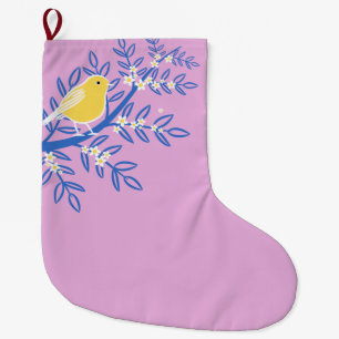 Illustrated Yellow Bird on a Pink Background Large Christmas Stocking