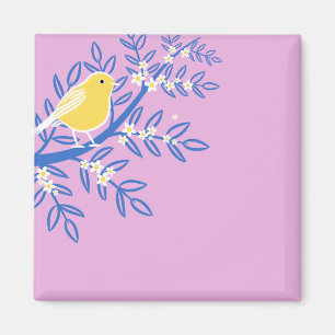 Illustrated Yellow Bird on a Pink Background Magnet