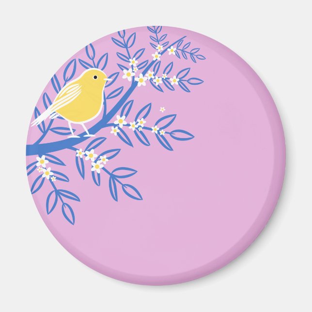 Illustrated Yellow Bird on a Pink Background Magnet (Front)