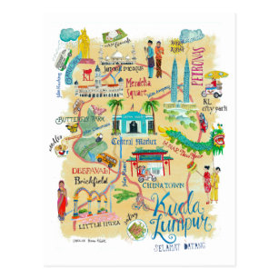 Illustrated Yellow Travel Map Kuala Lumpur Postcard