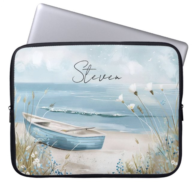 illustration beach scene pastell colours with name laptop sleeve (Front)