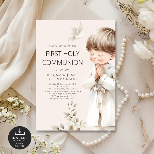  illustration Boy Praying 1st Holy Communion Cream Invitation (Creator Uploaded)