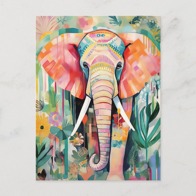 Illustration colored elephant pasted with flowers postcard (Front)