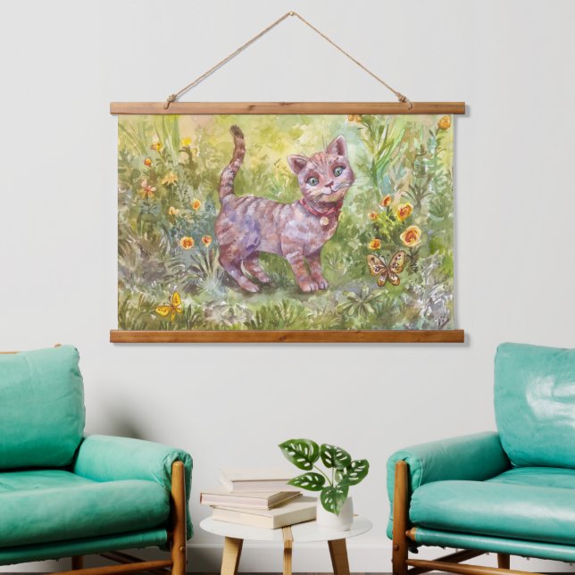 Illustration Cute Kitten Garden Butterfly Flowers Hanging Tapestry (Living Room)