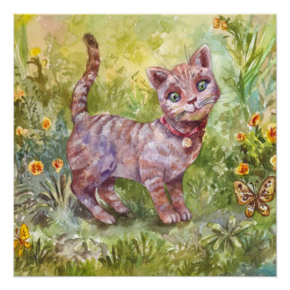 Illustration Cute Kitten Garden Butterfly Flowers Poster