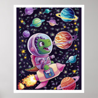 Illustration Dinosaur navigating the Space Poster