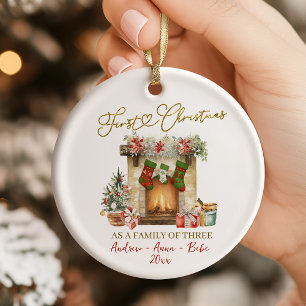 Illustration First Christmas Family of Three Ceramic Ornament