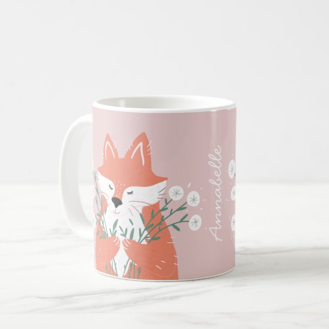Illustration Fox Smelling Flowers Personalised Coffee Mug (Front Left)