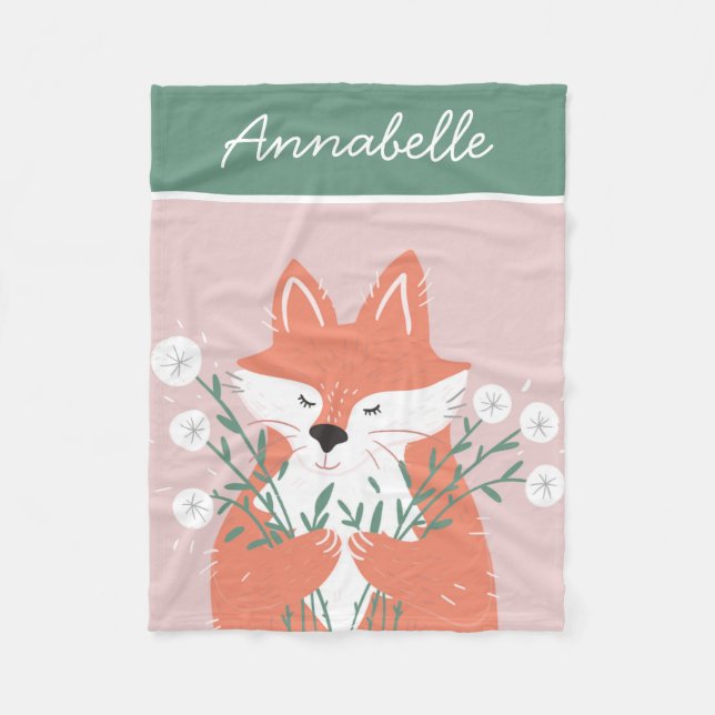Illustration Fox Smelling Flowers Personalised Fleece Blanket (Front)