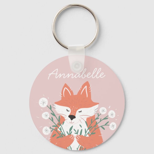 Illustration Fox Smelling Flowers Personalised Key Ring (Front)
