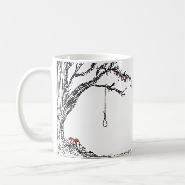Illustration hangman's noose & mushrooms coffee mug (Left)