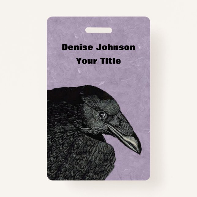 Illustration Head Wing of Black Crow on Purple ID Badge (Front)
