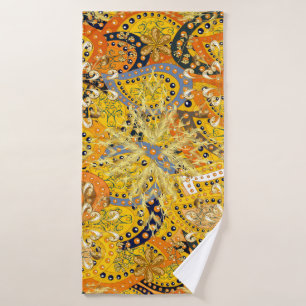 Illustration in yellow, orange and brown colours.  bath towel