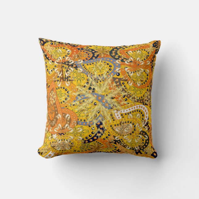 Illustration in yellow, orange and brown colours.  cushion (Front)