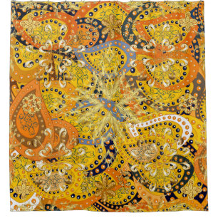 Illustration in yellow, orange and brown colours.  shower curtain