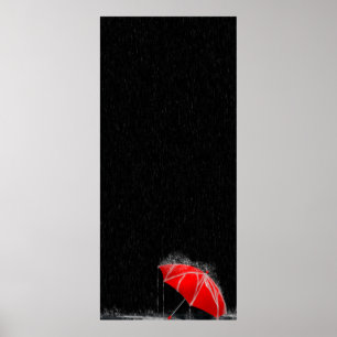 Illustration Lost Red Umbrella in Rain Poster