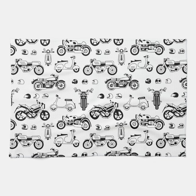 Illustration motorcycles scooters and helmets tea towel (Horizontal)