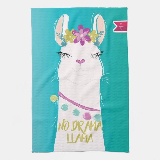 Illustration No Drama Llama with Monogram Tea Towel (Vertical)