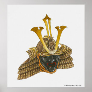 Illustration of 16th century samurai helmet poster