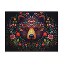 Illustration of a bear surrounded by flowers 