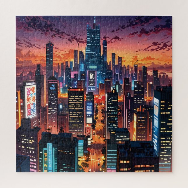 Illustration of a big city at night jigsaw puzzle (Vertical)