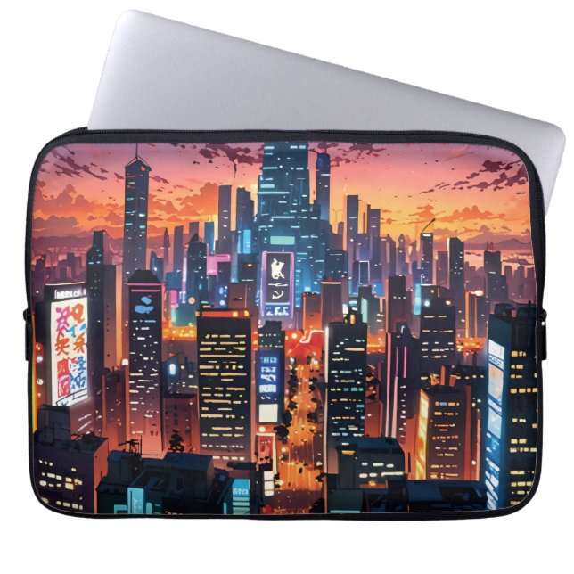 Illustration of a big city at night laptop sleeve (Front)